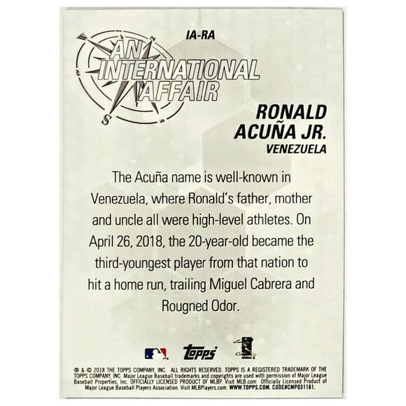RONALD ACUNA JR ROOKIE REFRACTOR 2018 TOPPS CHROME UPDATE #IA-RA, ATLANTA BRAVES - Picture 2 of 3